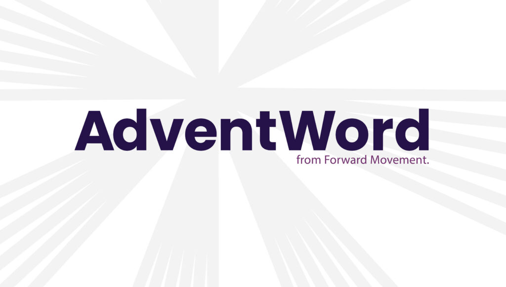 Text reads "AdventWord" in bold purple letters. In smaller letters underneath, text reads "from Forward Movement." Background is a gray starburst, Forward Movement's logo.