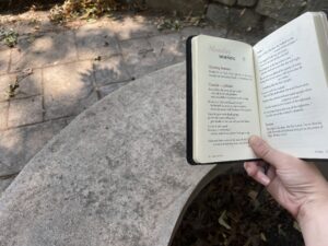 A white woman's hand holds a prayer book open to a psalm labeled "Monday Morning." A firepit and stone pavers in the background.