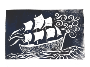 A linoleum-print illustration of a ship with seven sails, white against a dark blue background. The ship is sailing on a stormy sea, with curling gusts of wind in the background of the image.